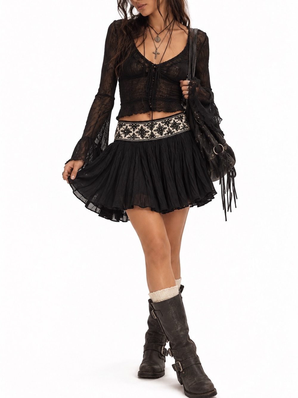 FREE PEOPLE BLACK MINI SKIRT BOHO EMBROIDERED MIRROR FAIRYCORE FLIRTY WHIMSYGOTH